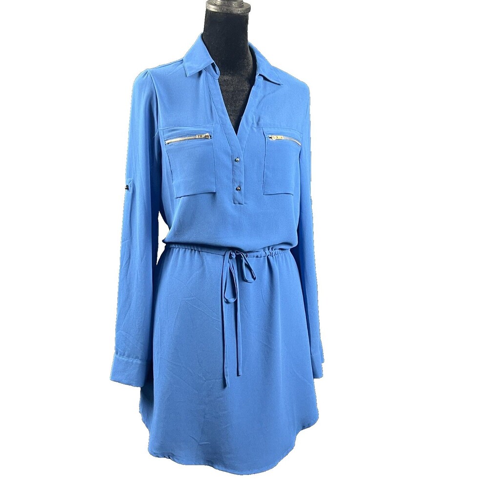 Naked Zebra Blue Shirt Dress Small Zip Pocket Tie‎ Waist Long Sleeve Mini